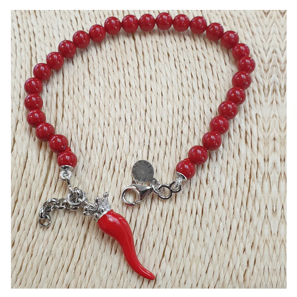 Bracciale corallo con cornetto smaltato rosso e argento - BRCOCOROS.BIA  Amanthia Argento bianco  