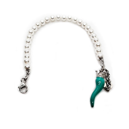 Bracciale perla con cornetto verde tiffany - BRPPCOVT  Amanthia Argento bianco  