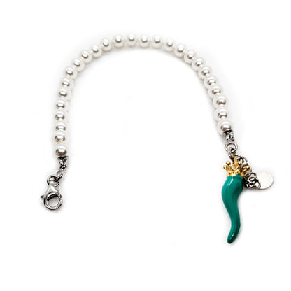 Bracciale perla con cornetto verde tiffany - BRPPCOVT  Amanthia Argento dorato  