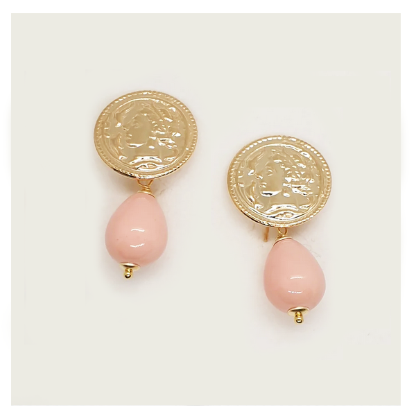 Orecchini argento pendenti con moneta e corallo rosa a goccia piccola - OL.CR.GO.DOR  Amanthia   