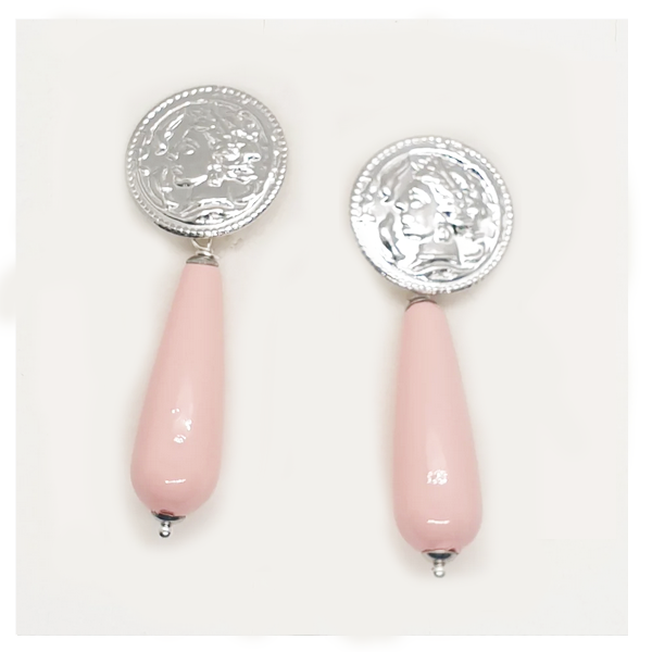 Orecchini argento pendenti con moneta e corallo rosa a goccia - OL.CR.LU  Amanthia Argento bianco  