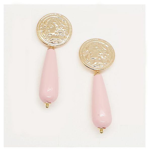 Orecchini argento pendenti con moneta e corallo rosa a goccia - OL.CR.LU  Amanthia Argento dorato  