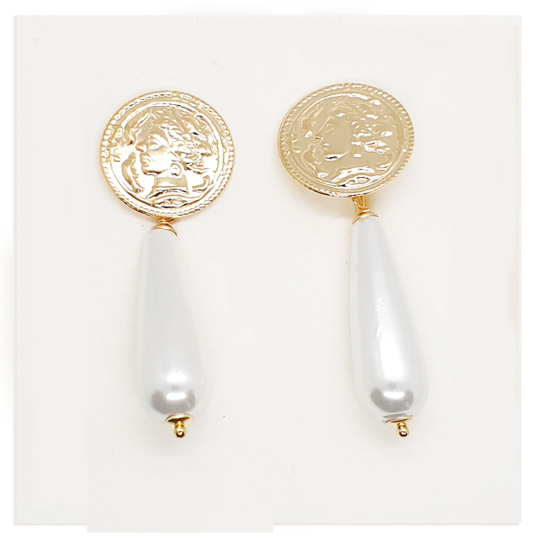 Orecchini argento pendenti con moneta e perla a goccia - OL.PP.LU  Amanthia Argento dorato  